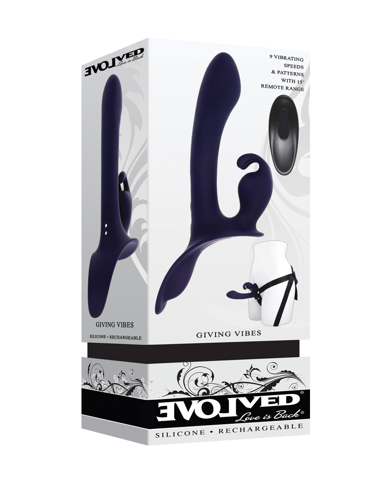 Evolved Giving Vibes Strap-On Bunny Eared Stimulator With Remote Control - Purple