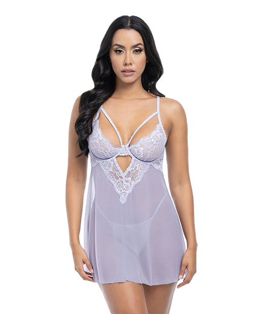 Elsie Lace & Mesh Underwire Babydoll With G-String 2 pc Set - Brunnera Blue L/XL