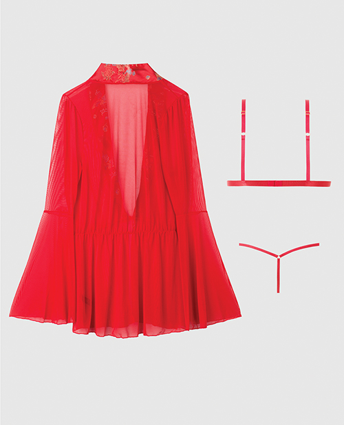 Dragon Sheer Mesh Robe With Satin Triangle Top & G-String 3 pc Set - Red LG