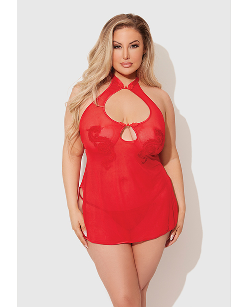Dragon Mesh & Applique Chemise With G-String 2 pc Set - Red 3X/4X
