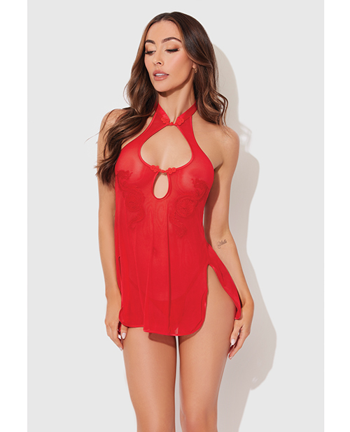 Dragon Mesh & Applique Chemise With G-String 2 pc Set - Red SM