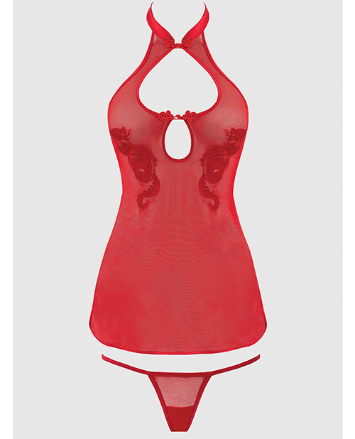 Dragon Mesh & Applique Chemise With G-String 2 pc Set - Red SM