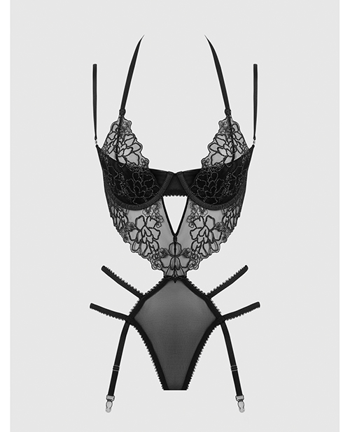 Eden Embroidered Lace & Mesh Teddy With Garters - Black 1X/2X