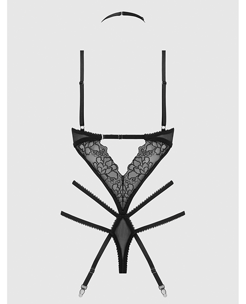 Eden Embroidered Lace & Mesh Teddy With Garters - Black MD