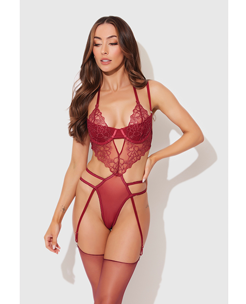 Eden Embroidered Lace & Mesh Teddy With Garters - Dark Red XL
