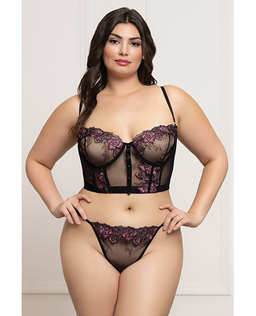 Floral Lace and Mesh Underwire Bustier With Thong 2 pc Set - Black/Purple 3X/4X