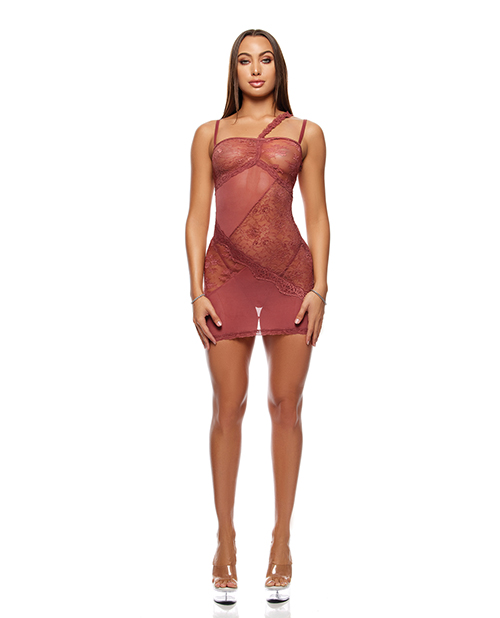 Patch of Petals Sheer Mesh and Lace Chemise With Thong 2 pc Set - Mauve SM