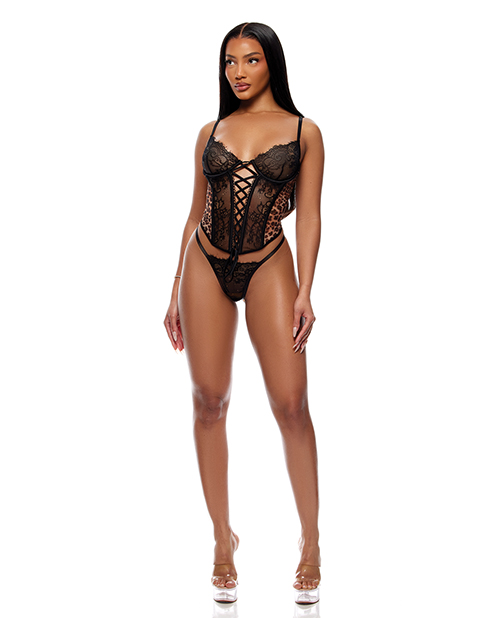 Animal Instincts Sheer Mesh and Lace Bustier With Thong 2 pc Set - Animal XL