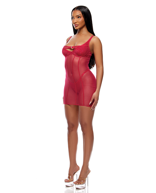 Layers To This Sheer Mesh and Knit Chemise With Thong 2 pc Set - Pink LG
