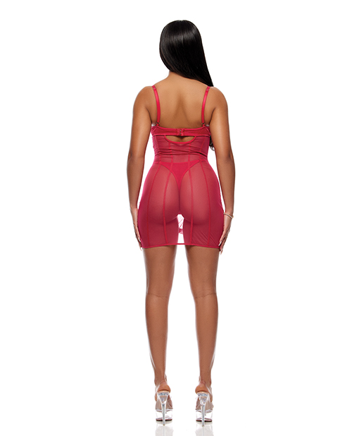 Layers To This Sheer Mesh and Knit Chemise With Thong 2 pc Set - Pink LG