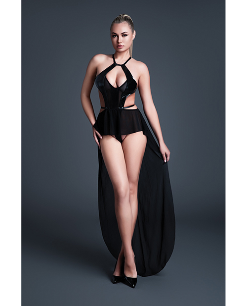 Allure Take Me Latex Look Vinyl and Mesh Teddy With Attached Skirt - Black SM