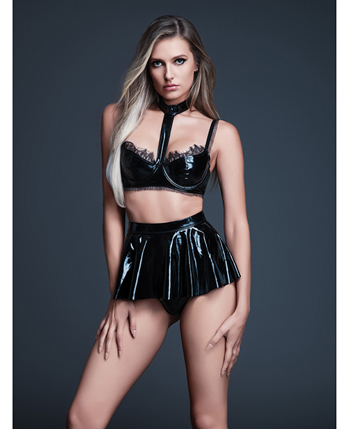 Allure Naughty Nights Latex Look Vinyl and Lace Choker Bra & Mini Skirt 2 pc Set - Black MD