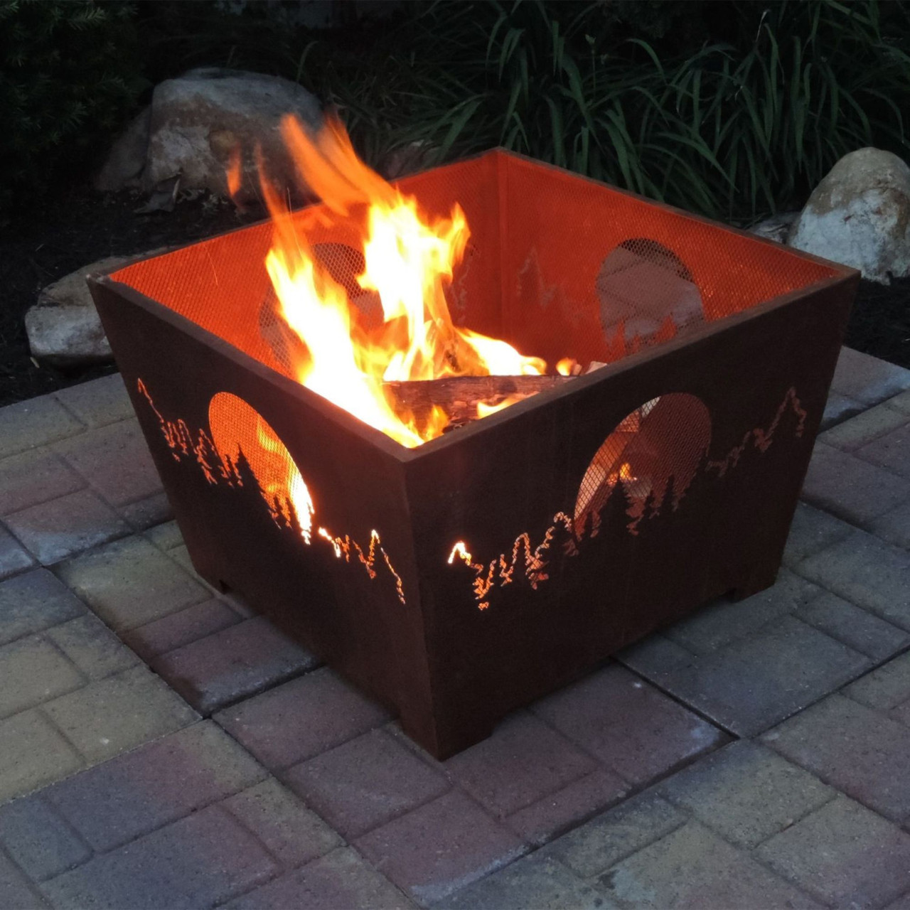 24" Brown Rustic Finish Forest & Moon Square Outdoor Fire Basket