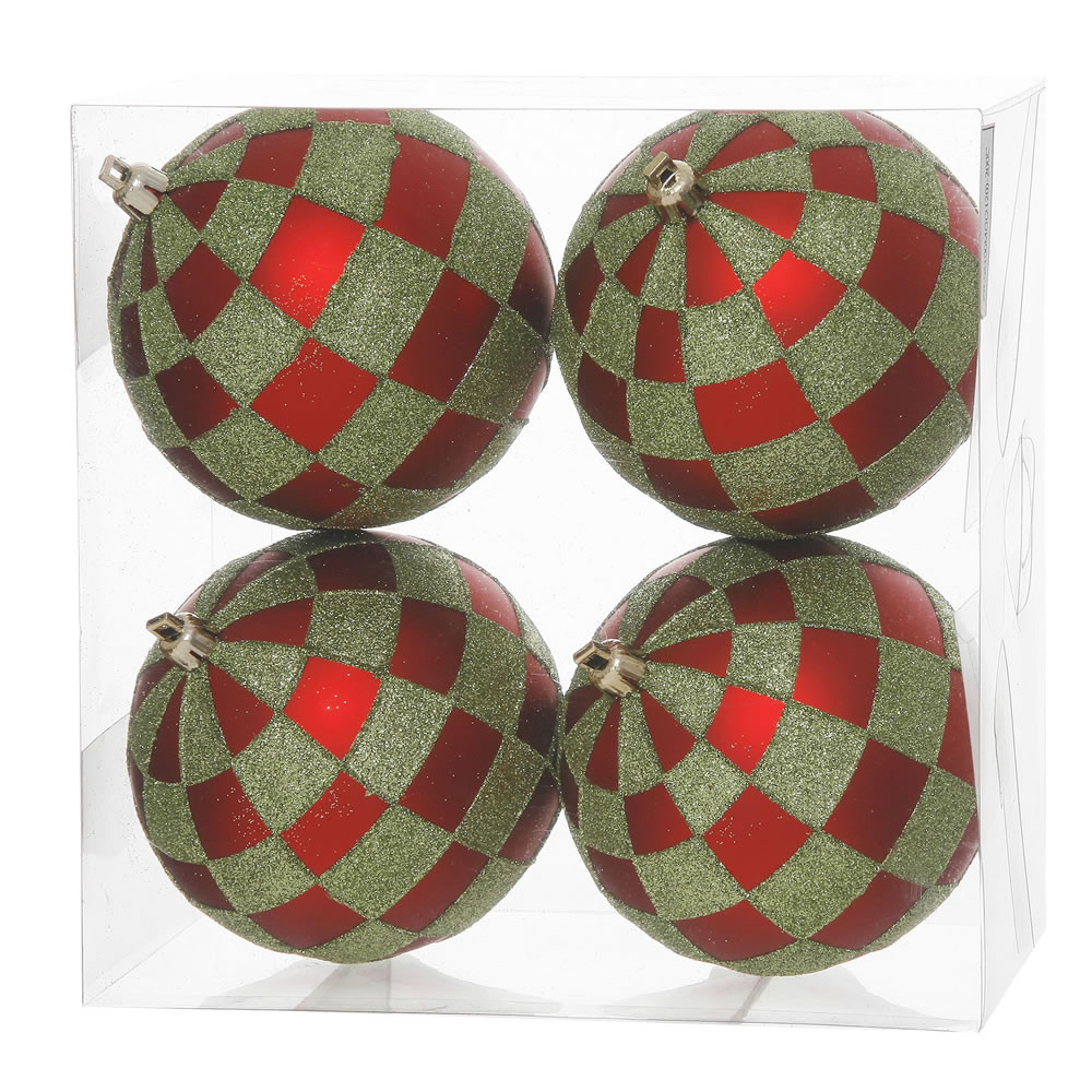 4ct Red & Green Shatterproof 2Finish Checkered Christmas Ball