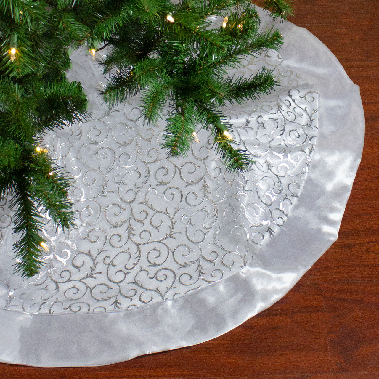 48" Silver Metallic Filigree Christmas Tree Skirt with Sateen Bows