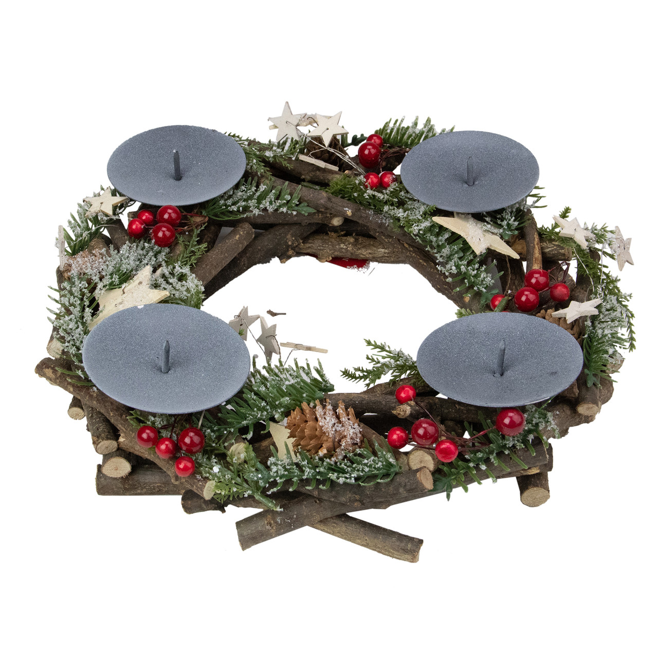 12" Pine Cones, Berries with Stars Christmas Votive Candle Holder