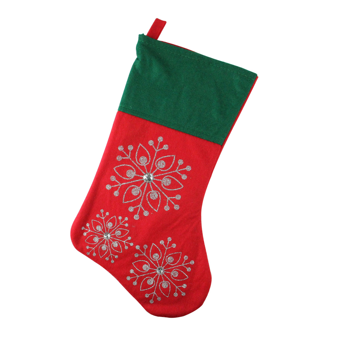 19" Red & Green Felt Christmas Stocking with Snowflakes Christmas Central
