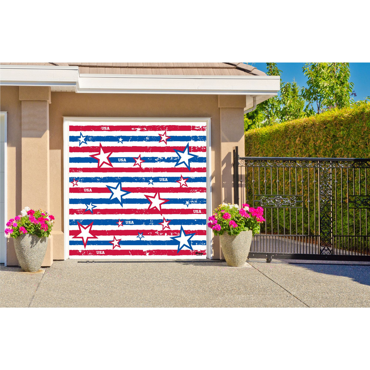 7' x 8' Blue Stars & Stripes Patriotic Single Car Garage Door Banner