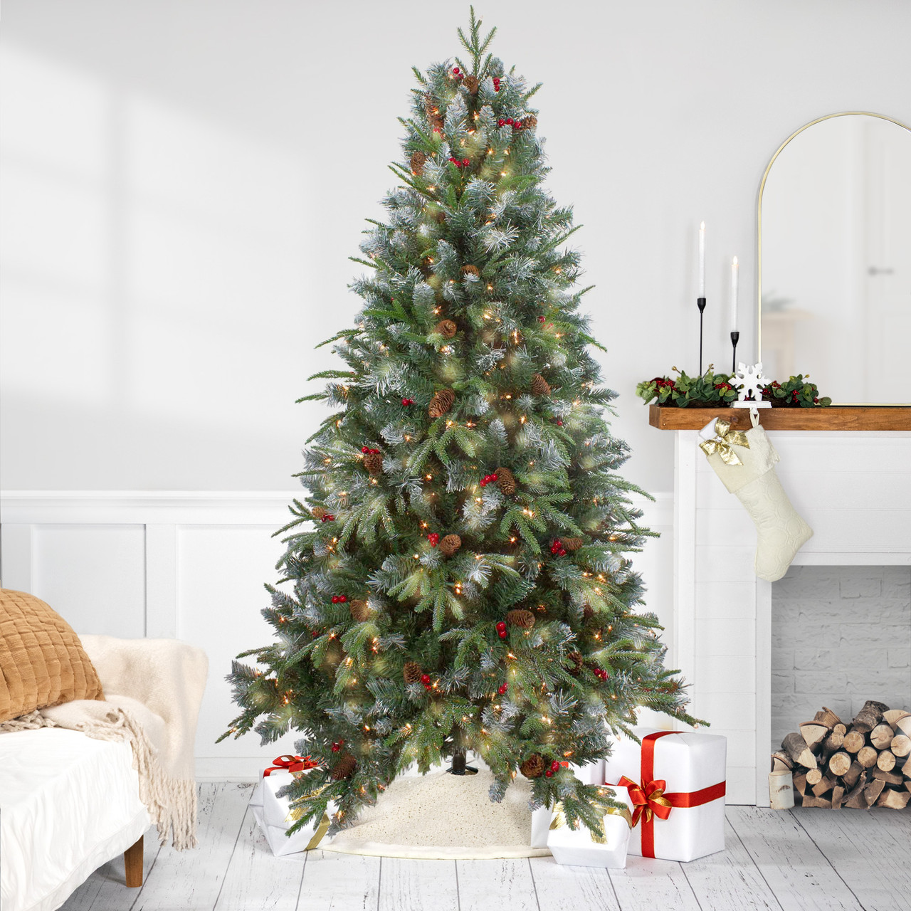 7ft Pre-Lit Frosted Mixed Berry Pine Artificial Christmas Tree - Clear  Lights