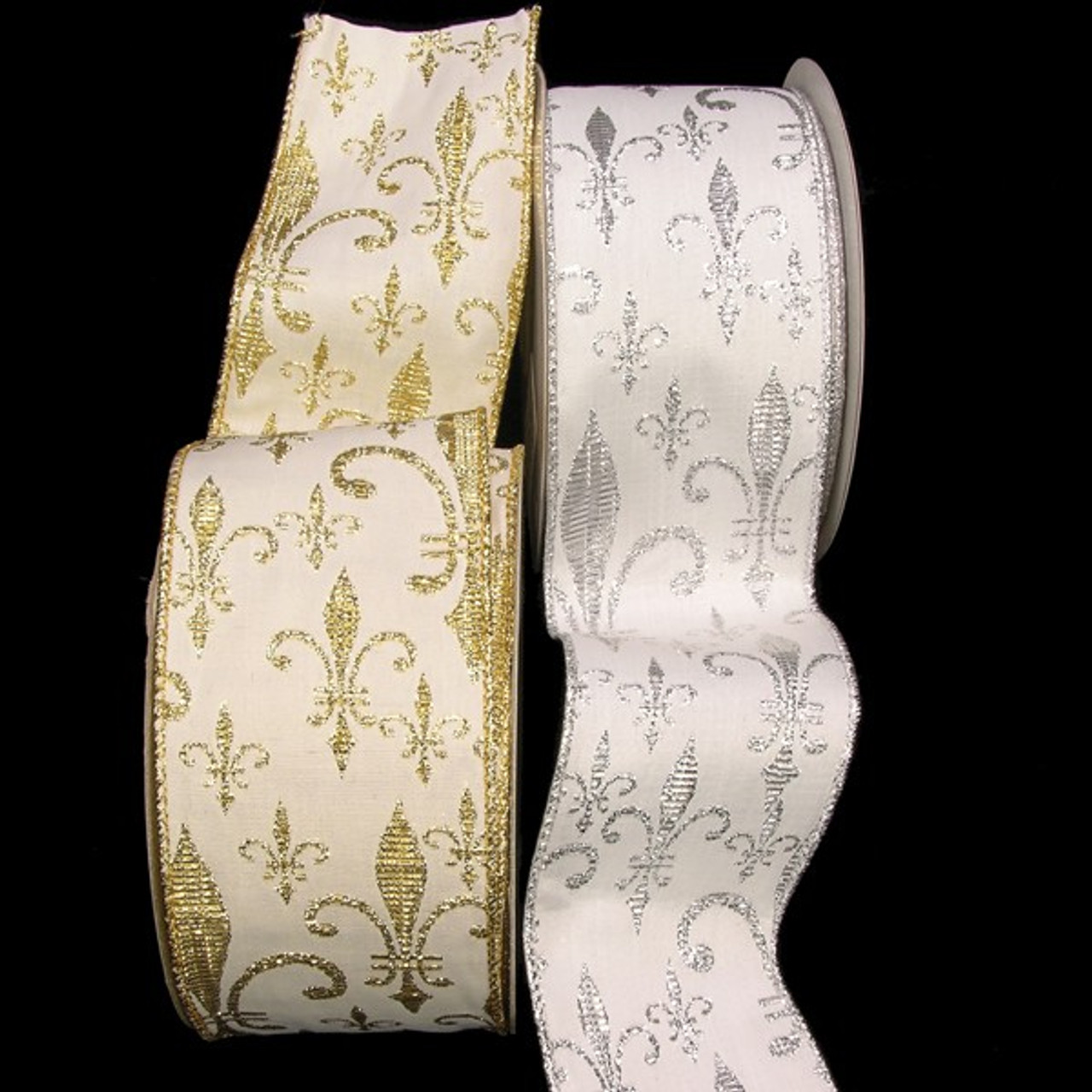 Cream Fleur De Lis Wired Fabric Craft Ribbon 6 x 20 Yards