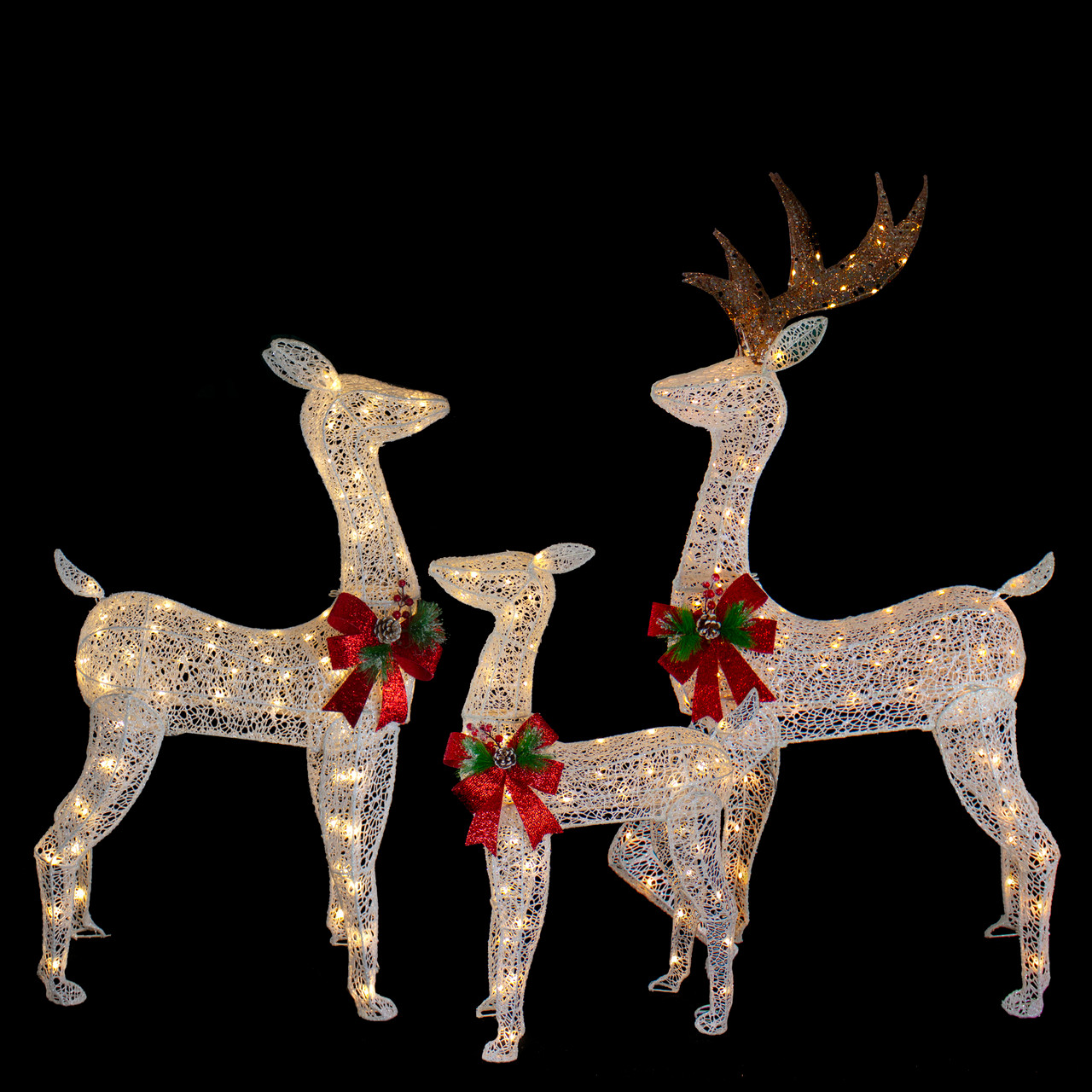 Lighted LED Deer Family with Red Bow, Set of 3