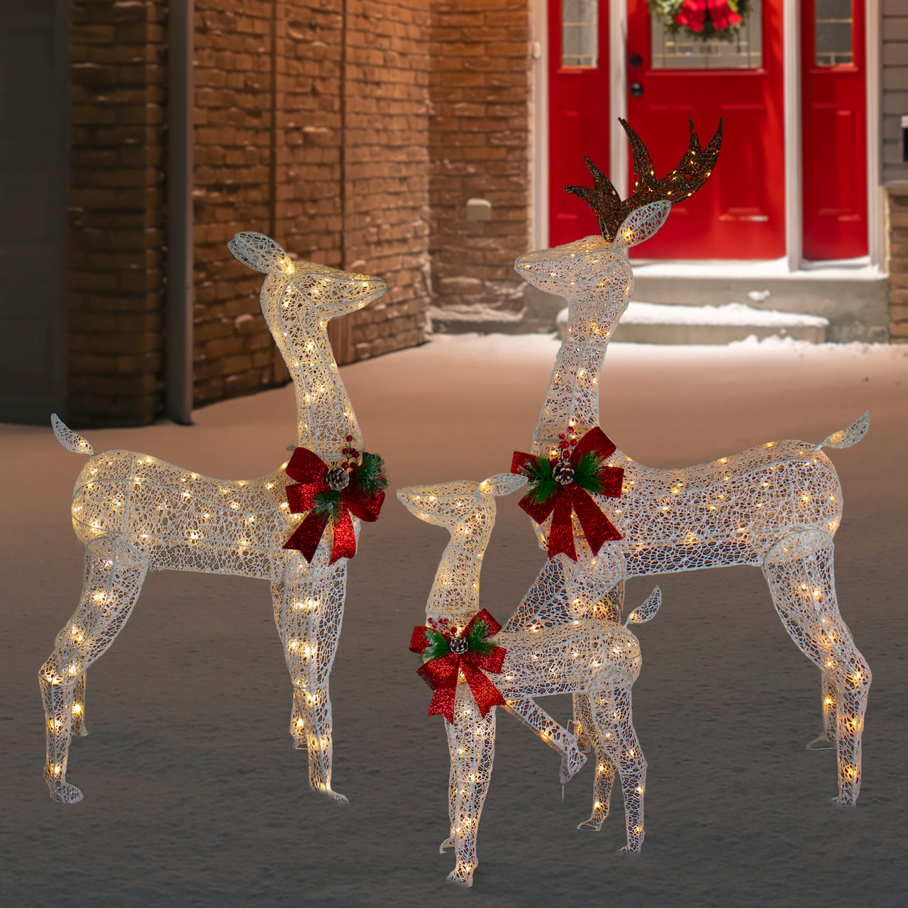Lighted LED Deer Family with Red Bow, Set of 3