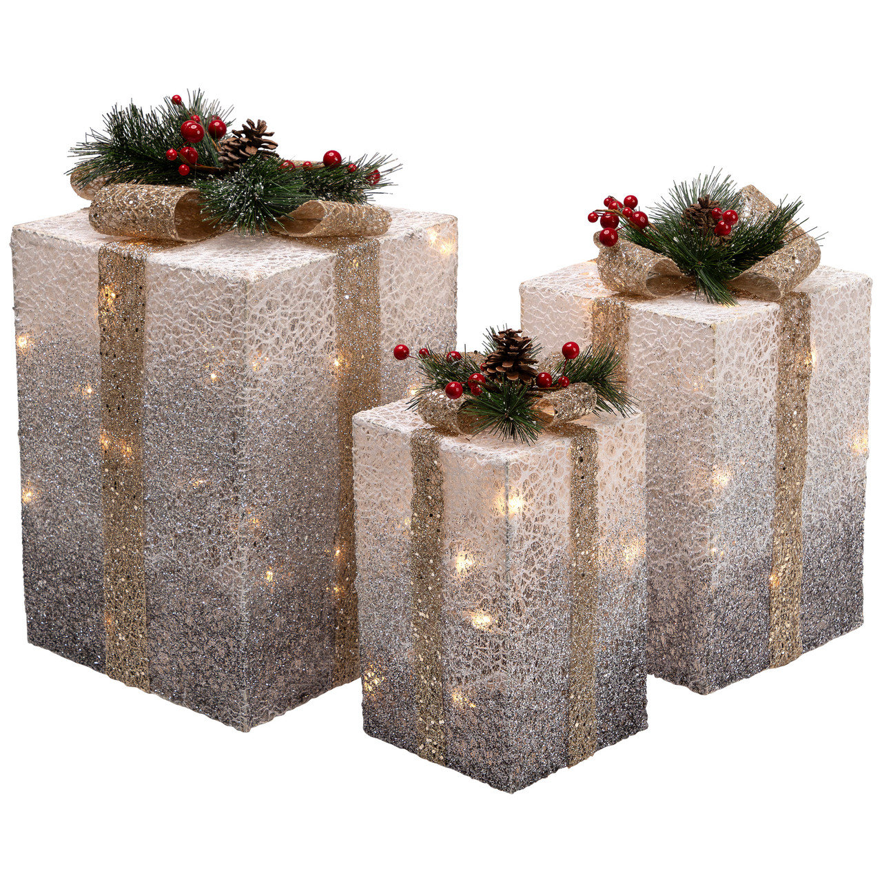 Set of 3 Silver Mesh Glittered Gift Boxes Outdoor Decorations
