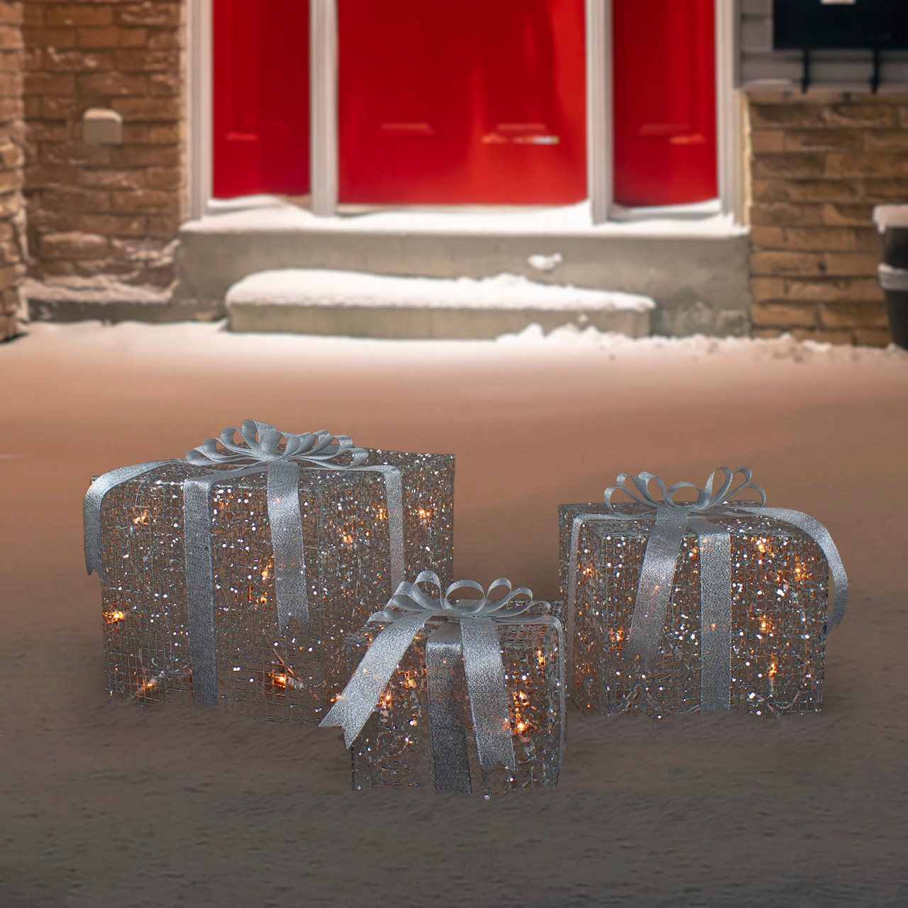 Gift-Box-Shaped Metal Christmas Luminaries, Set of Three
