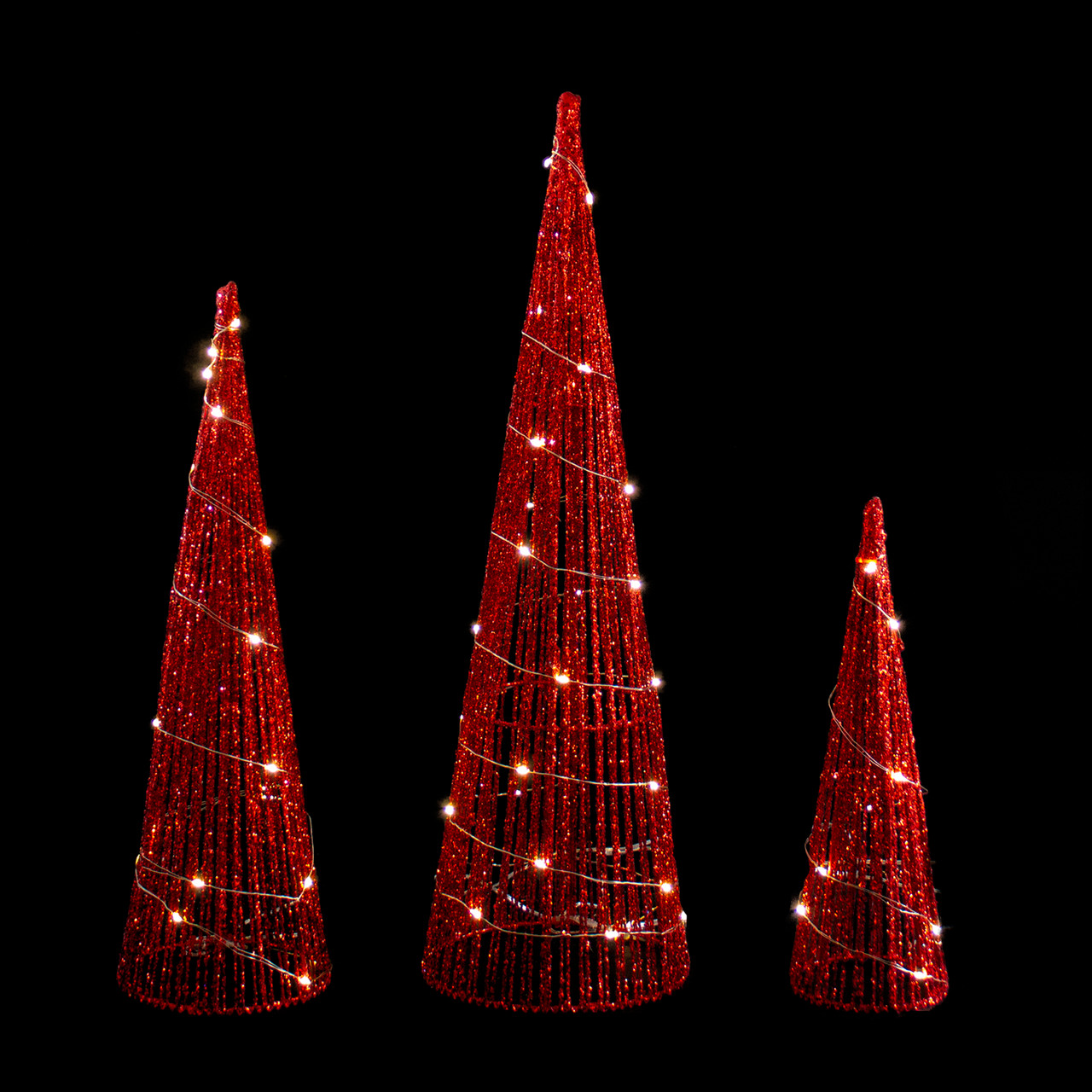 Set of 3 LED Lighted Red Glitter Cone Tree Outdoor Christmas ...