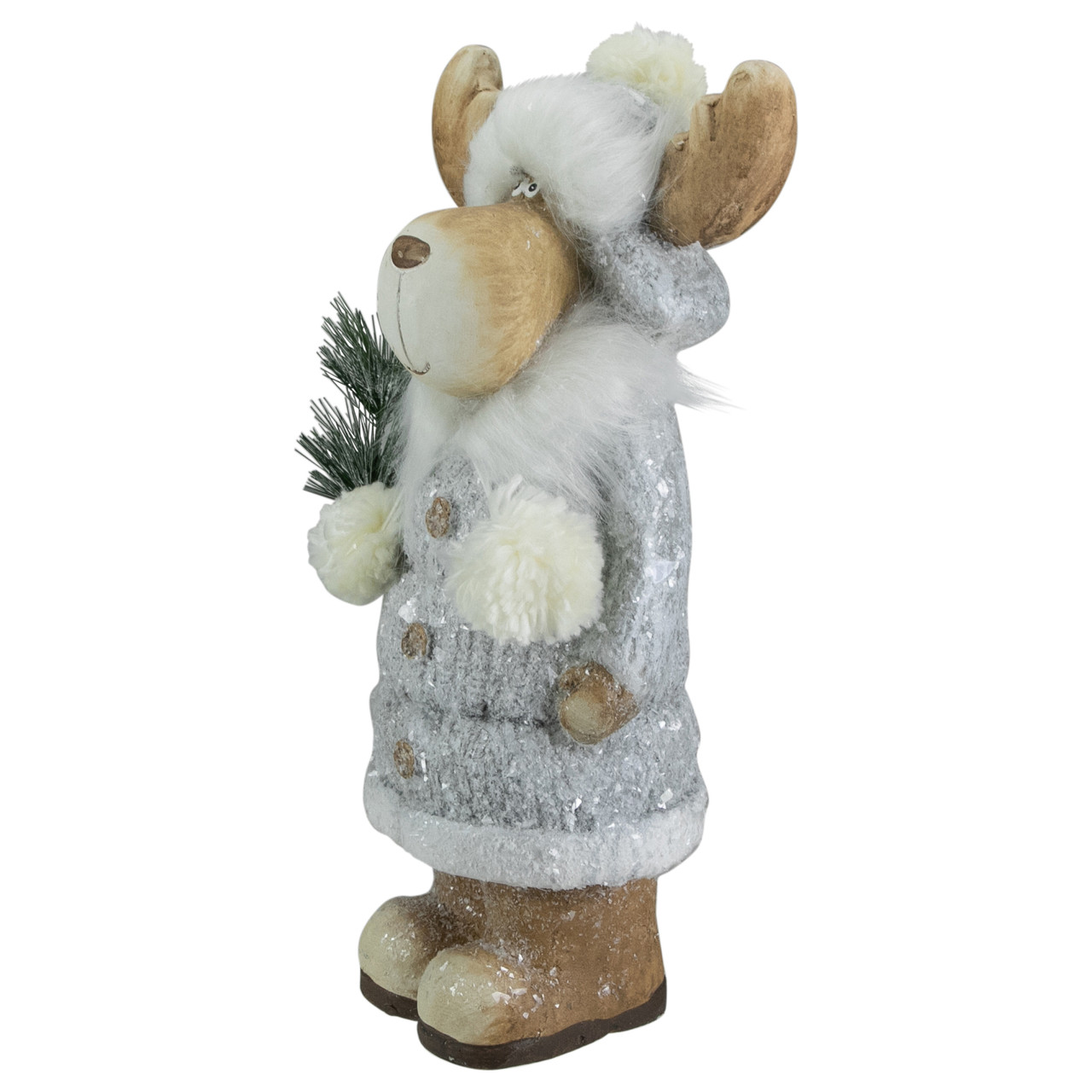【まーちゃんさま】ornament ❀ * グレーのステキなトナカイさん Frosted Ceramic Moose in Winter Coat Holding Pine Sprigs Christmas