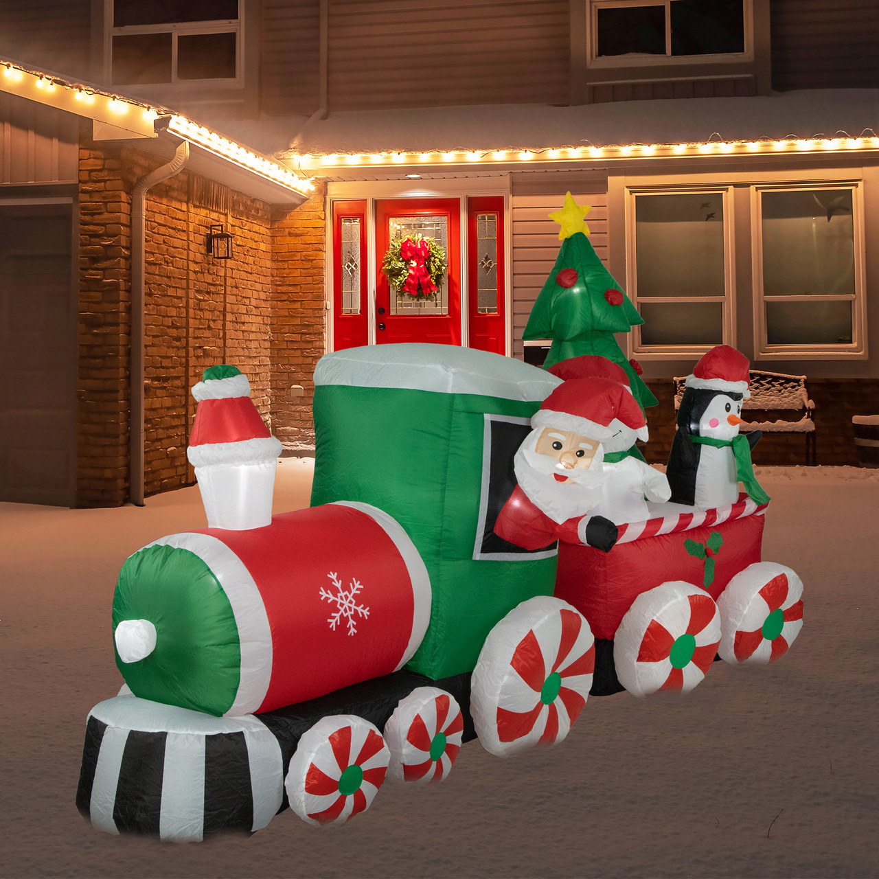 8' Inflatable Train With Santa & Friends Outdoor Christmas Decoration ...
