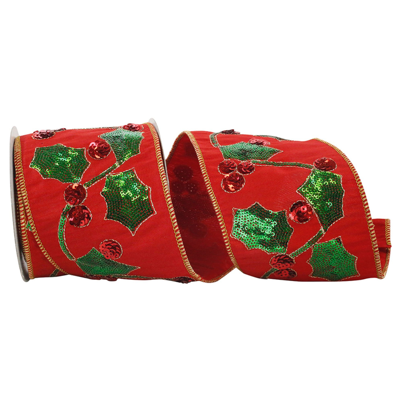 White Wired Double Sided Dupion Red Green Ribbon