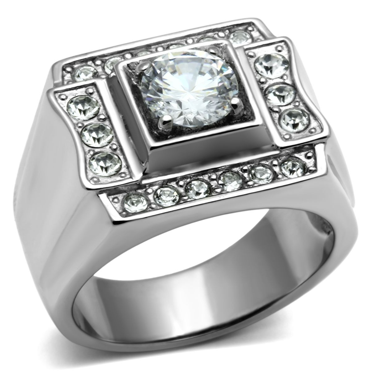 Men's Stainless Steel Halo Ring with Round Cubic Zirconia Size