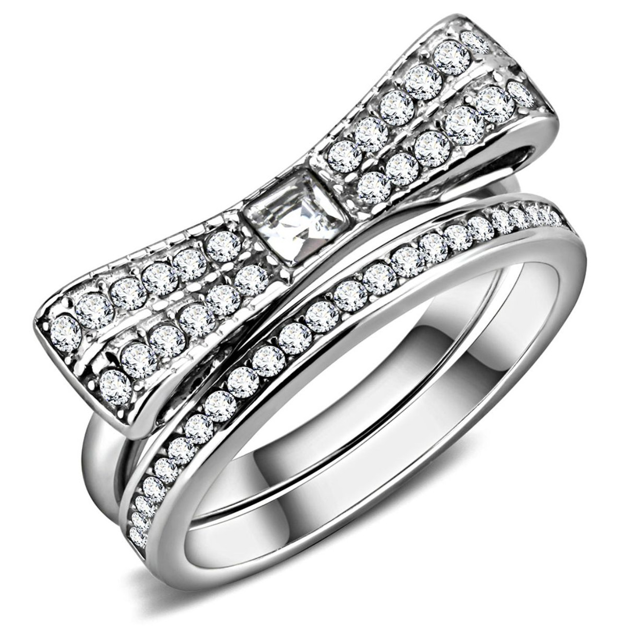 Set of 2 Women's Stainless Steel Knot & Bow Wedding Rings with CZ Stones, Size  10