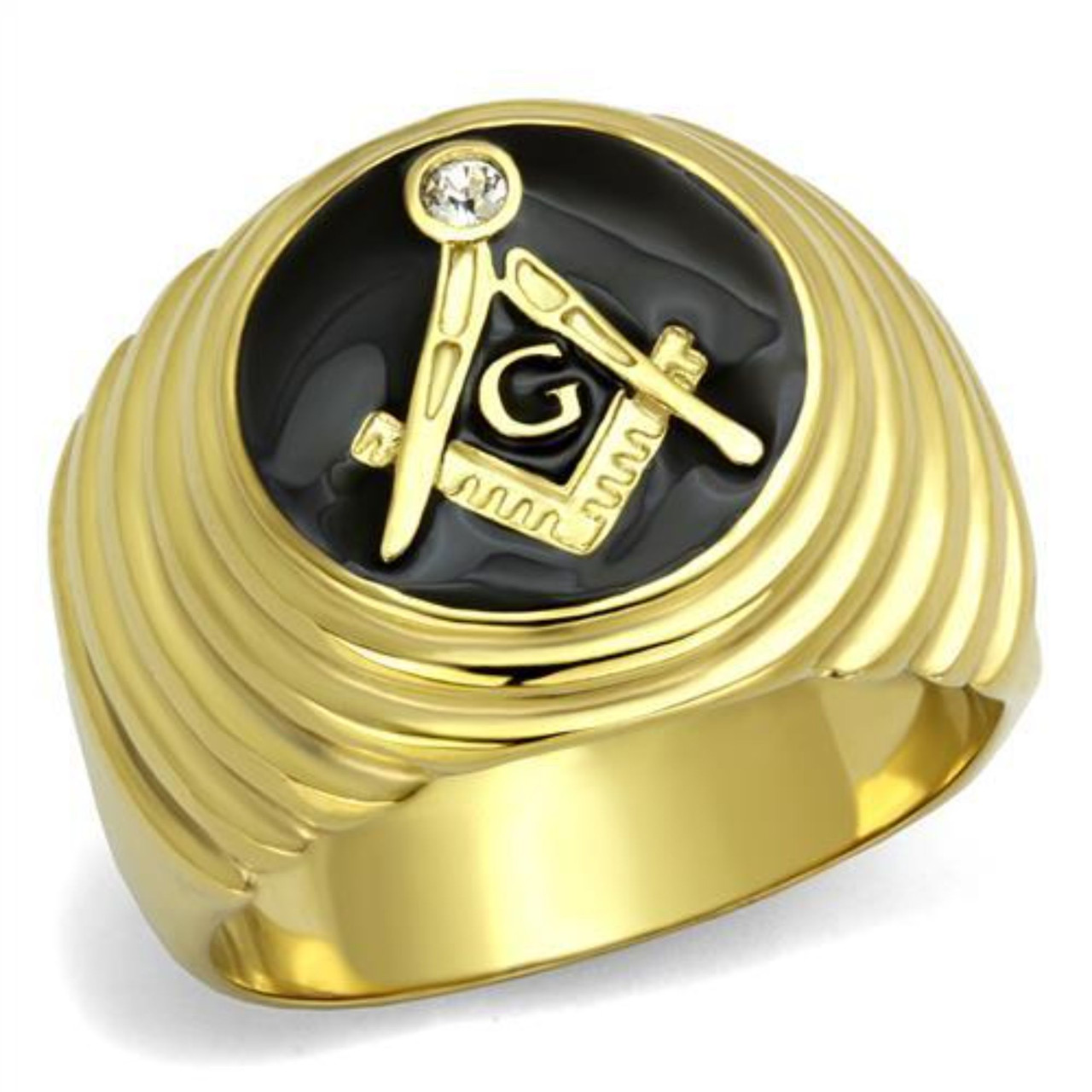 Men's IP Gold Masonic Style Stainless Steel Ring with Clear Top