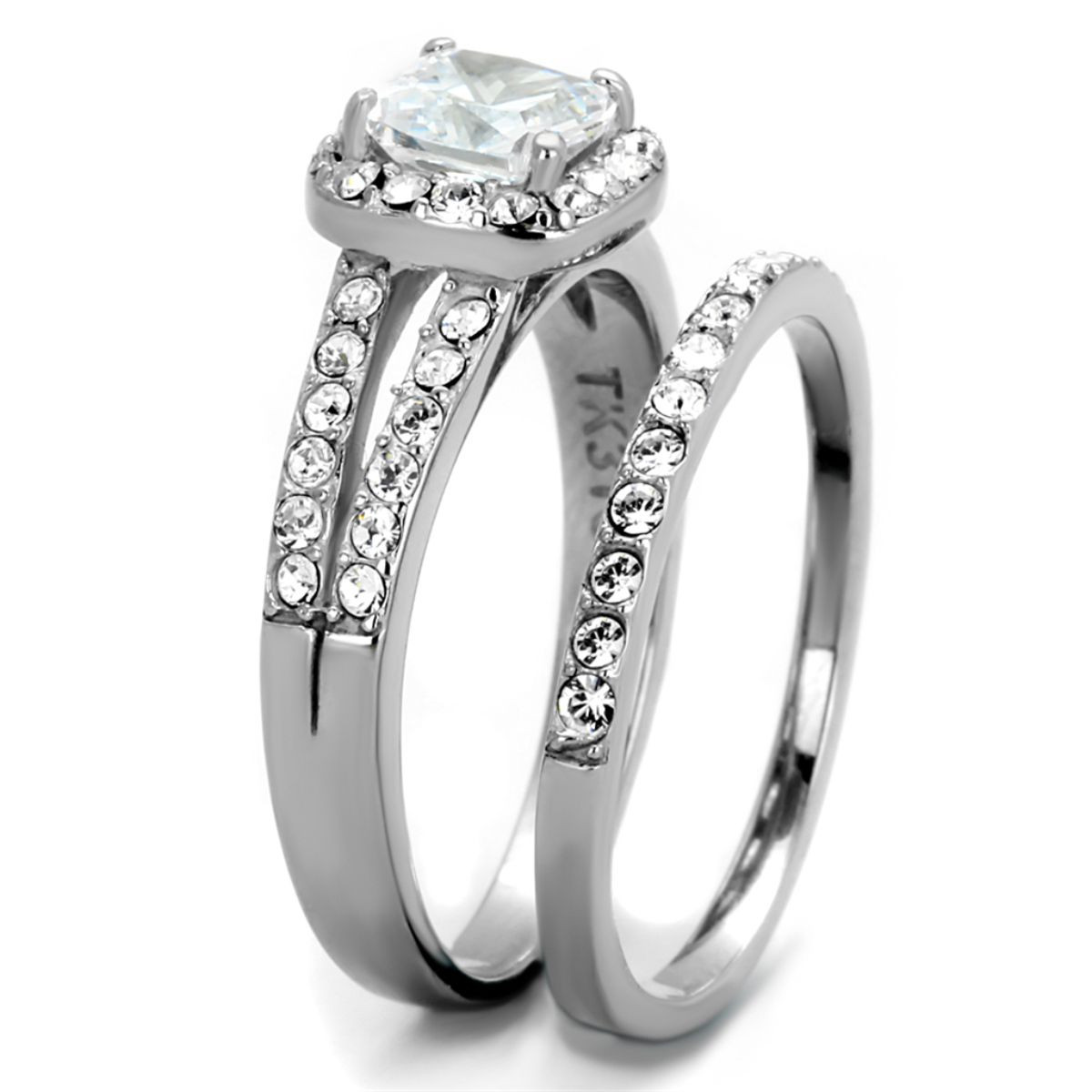 2Piece Stainless Steel Women's Wedding Ring Set with CZ, Size 5