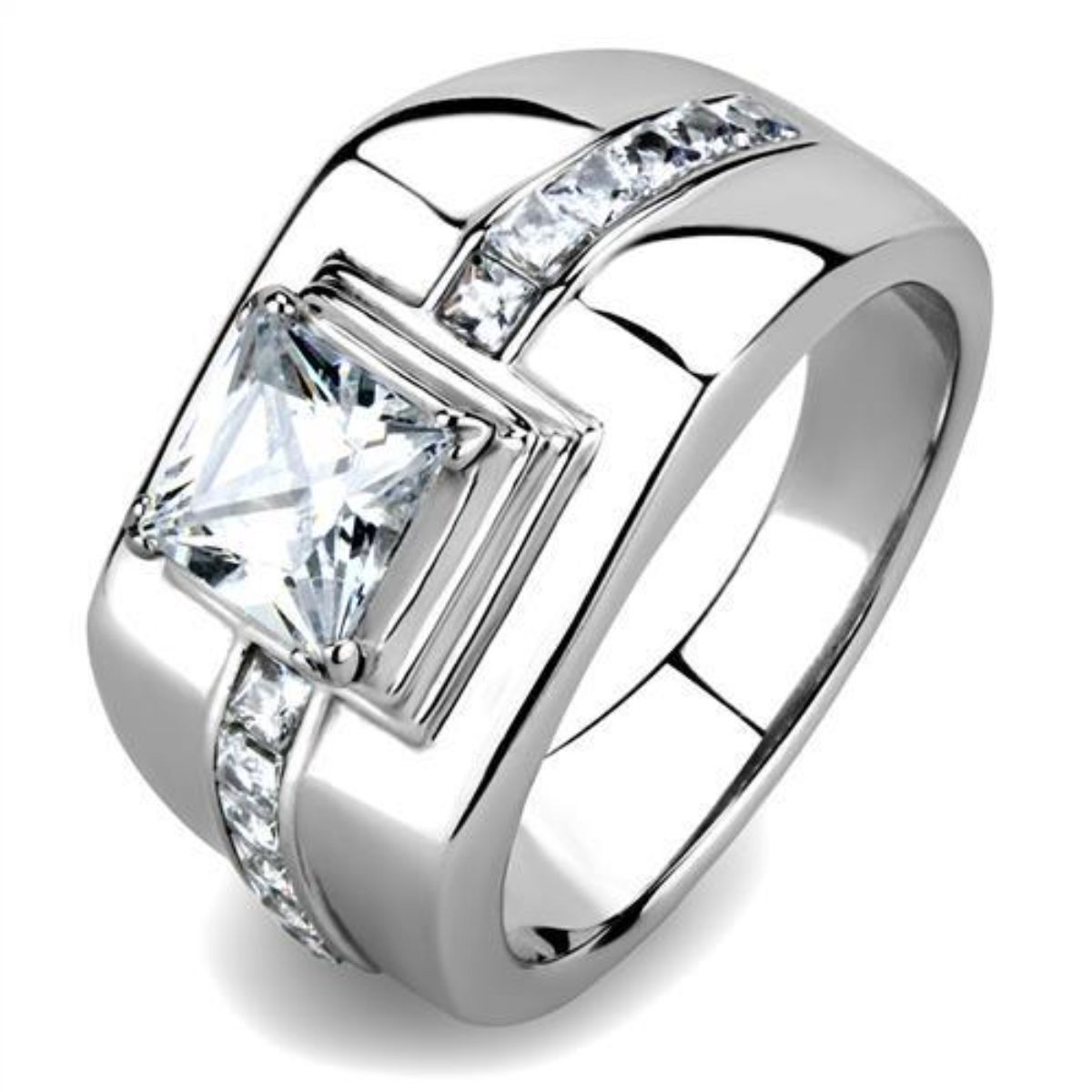 Men's Stainless Steel Ring with Square Cubic Zirconia Size 13