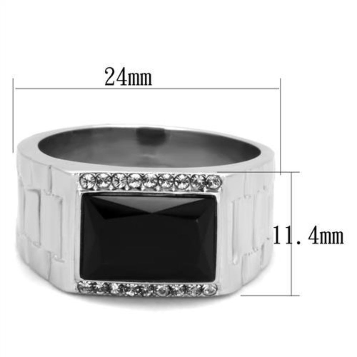 Stainless Steel Men's Ring with Black Jet Synthetic Onyx & Clear Stones