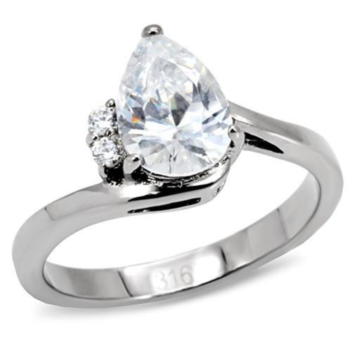Women's Stainless Steel Engagement Ring with Pear Cubic Zirconia