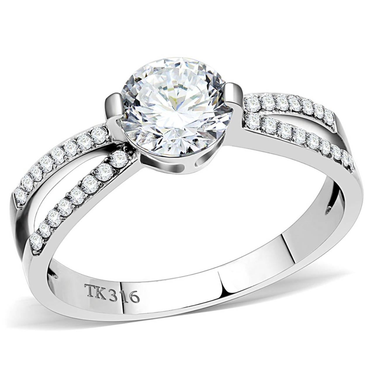 Women's Stainless Steel Split Design Pave Engagement Ring with