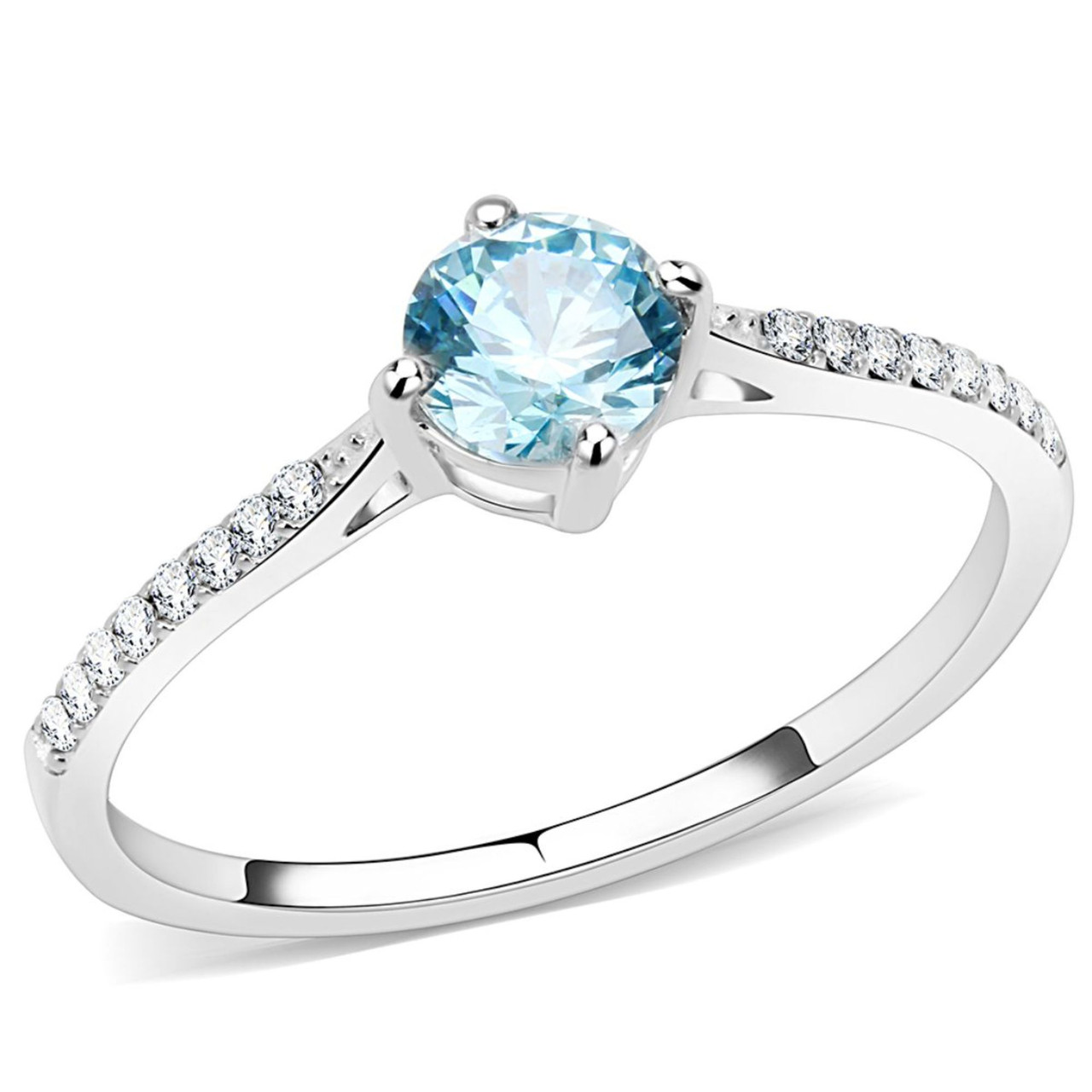 Women's Stainless Steel Engagement Ring with Sea Blue Cubic