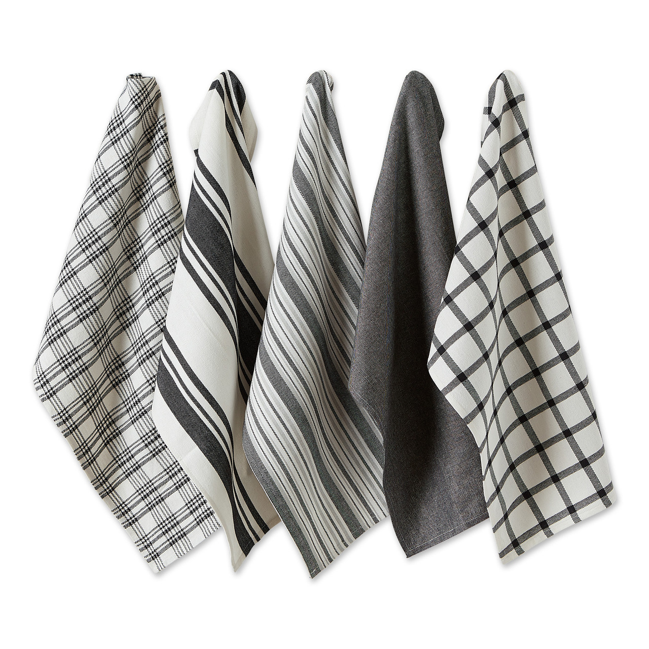 Set of 5 Assorted Black and White Woven Dish Towel, 28