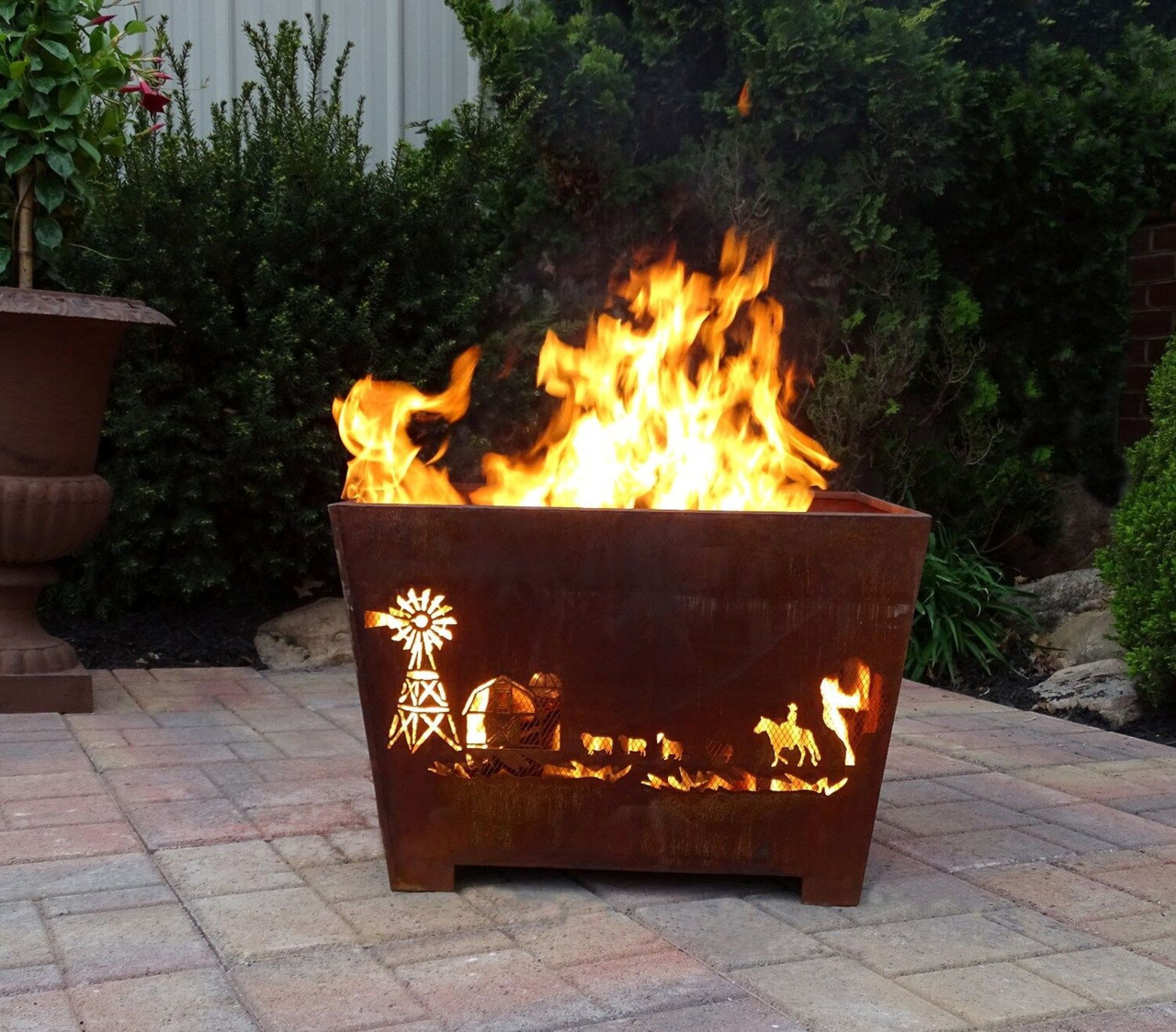 24" Brown Rustic Finish Farm Square Outdoor Fire Basket Christmas Central