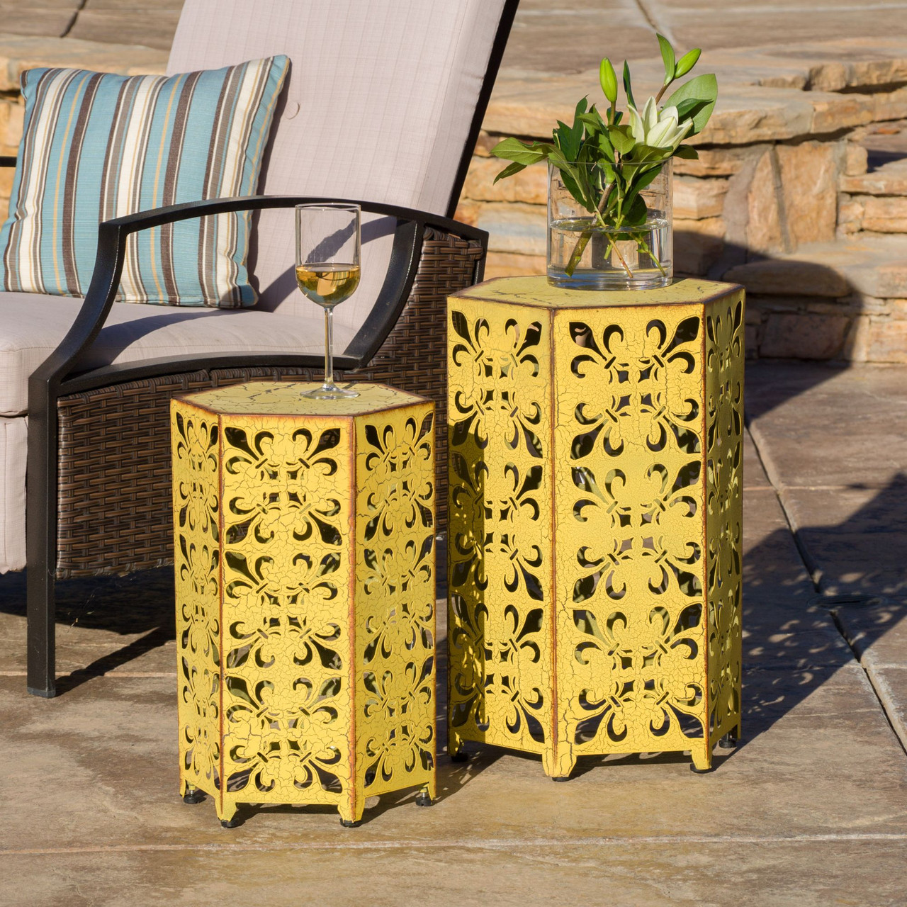 Set of 2 Yellow & Brown Antique Outdoor Patio Accent Tables | Christmas ...