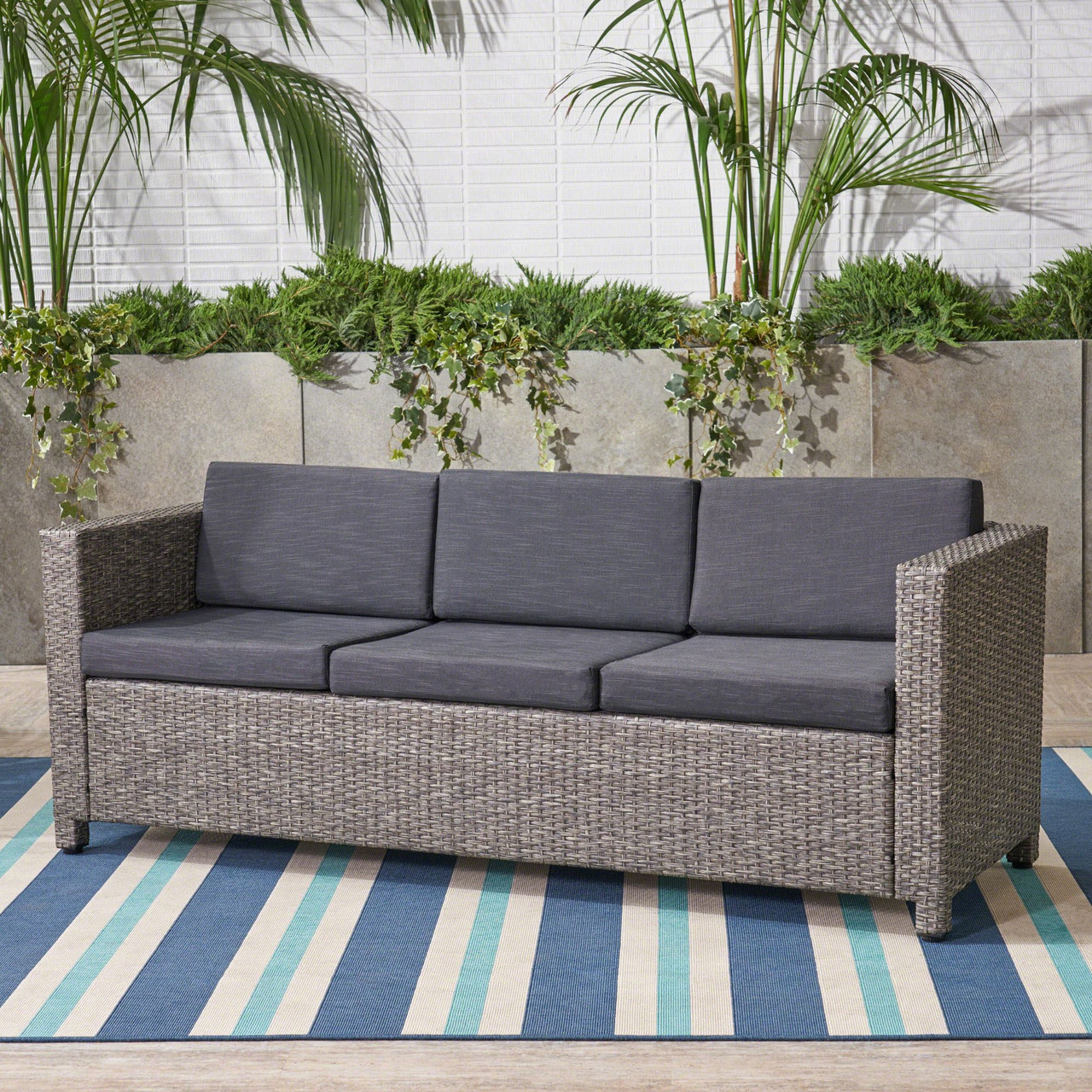 76.75" Black & Gray Contemporary Outdoor Patio Sofa with Cushions