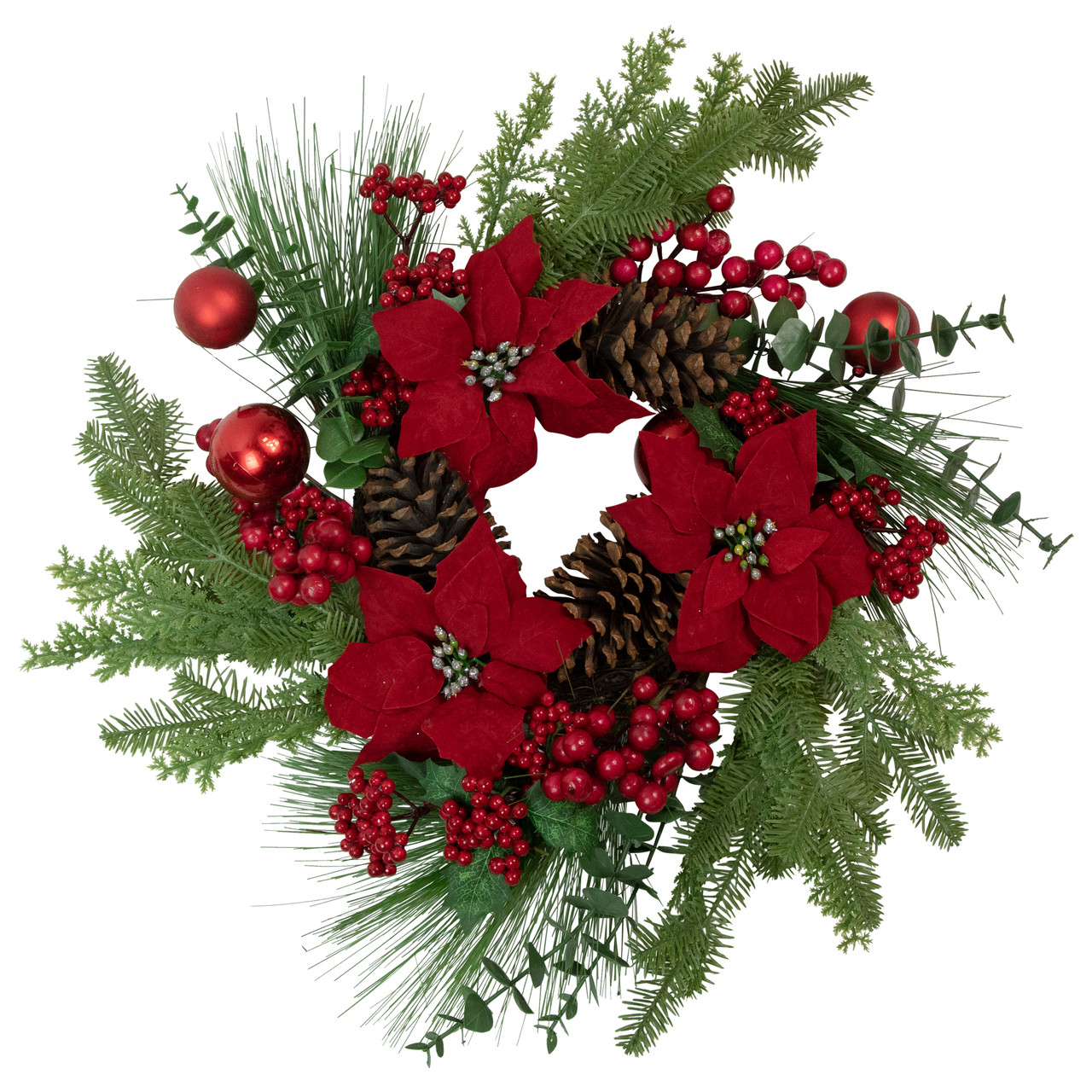 Northlight Poinsettias and Ball Ornaments Artificial Christmas Wreath - 24-Inch Unlit