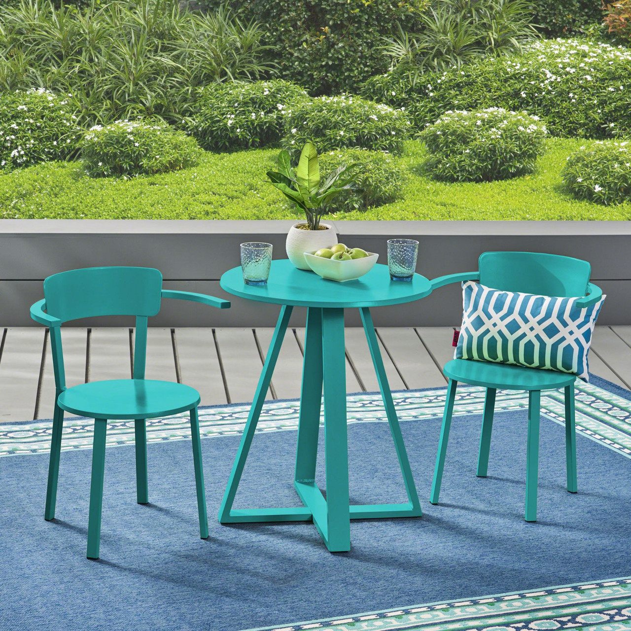 3Piece Matte Teal Blue Finish Outdoor Furniture Patio Bistro Set