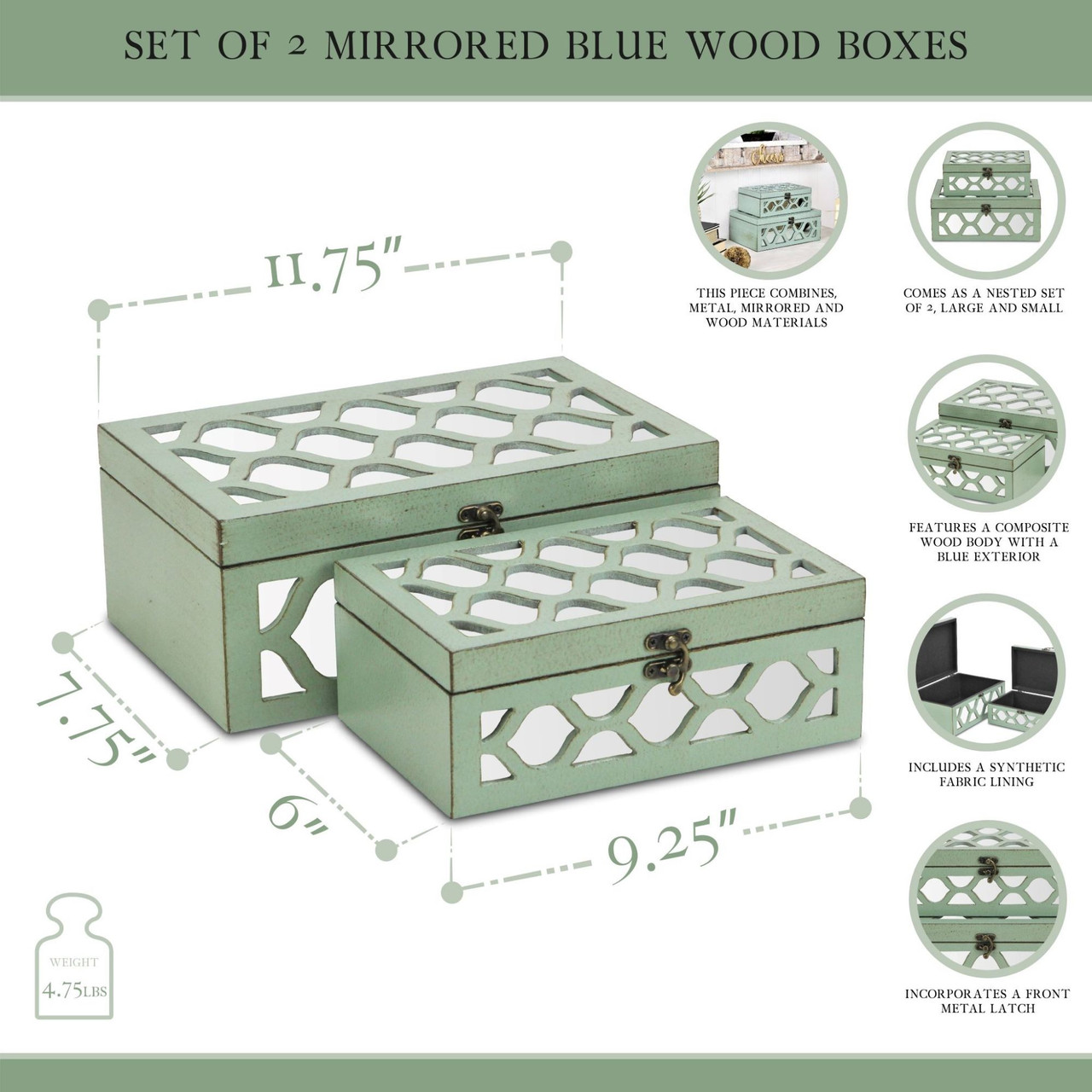 Set of 2 Blue Rectangle Storage Boxes with Overlayed Mirror Panels 11. ...