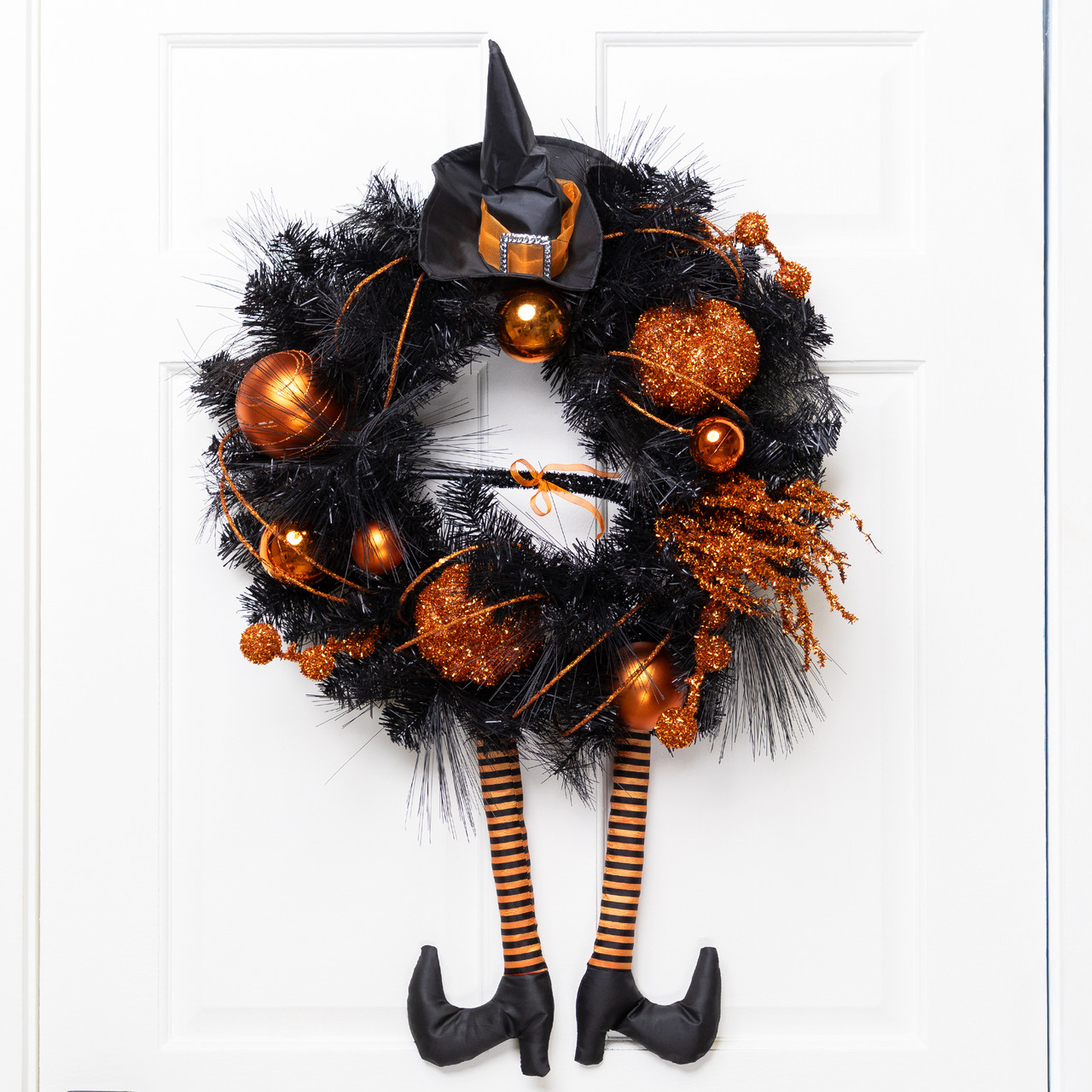 Witch and Pumpkins Glittered Artificial Halloween Wreath - Thumbnail 4