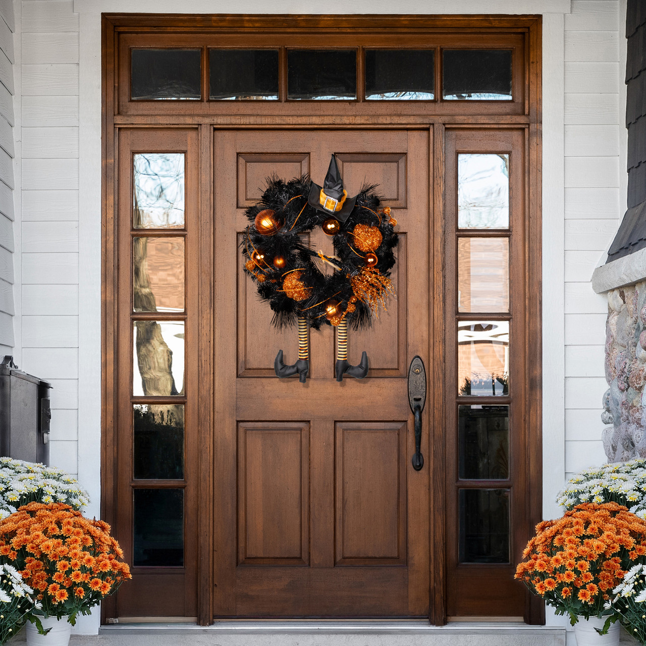 Witch and Pumpkins Glittered Artificial Halloween Wreath